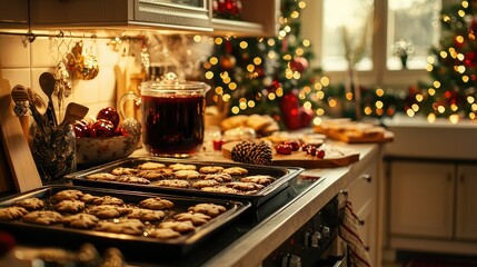 Fototapeta premium Cozy Christmas Kitchen with Holiday Baking and Festive Decor