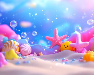 Cute cartoon starfish, seashells, and bubbles on pastel beach.