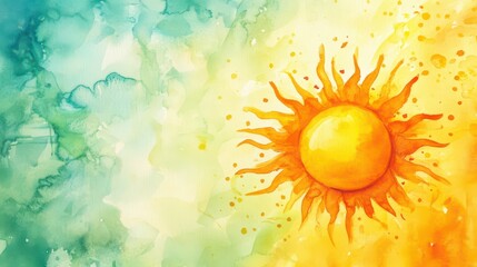 Vibrant sun illustration celebrating World sun day and summer solstice in watercolor. Horizontal banner. Copy space. Watercolor illustration. Sun on a colorful background