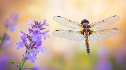 A macro shot of dragonfly flying next to the purple flowers on a blurred background