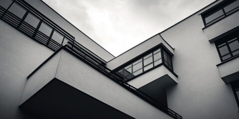 Fototapeta premium Building with a balcony and a cloudy sky in the background. The building is tall and has a modern design