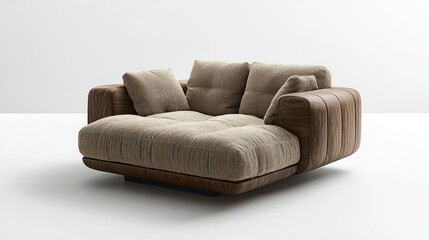 Modern, plush sofa with wooden accents for relaxation.