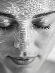 Obraz premium Facial skincare treatment, woman with eyes closed in meditation, skin pores open for mask effect