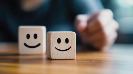 Colorful wooden blocks with happy faces on table.