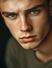 Obraz premium A moody young man gazes into the distance with an intense expression.