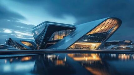 Naklejka premium Modern Architectural Design in Twilight Over Water Reflection
