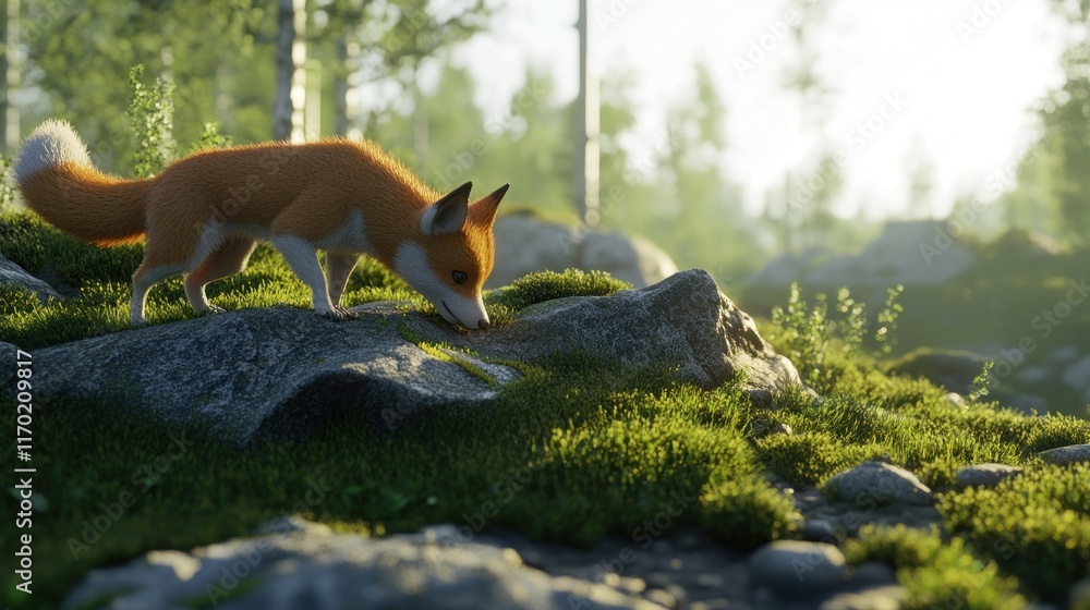 Poster a fox exploring a mossy rock in a serene forest setting.