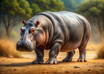 Obraz premium A meticulously detailed illustration of a hippopotamus in a walking pose, set against a backdrop of simulated dirt and short grass.
