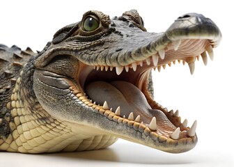 Obraz premium A dramatic close-up of a 3D model alligator, mouth agape, set against a plain white background.