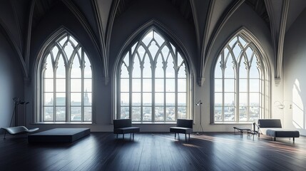 Modern Interior Design with Gothic Windows and Scenic View
