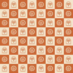 Brown checkered summer tropical seamless pattern with palm tree and sun. Cute hand drawn beach print, fabric, textile, wallpaper, repeat background Vector illustration in boho style. Hippie ornament.