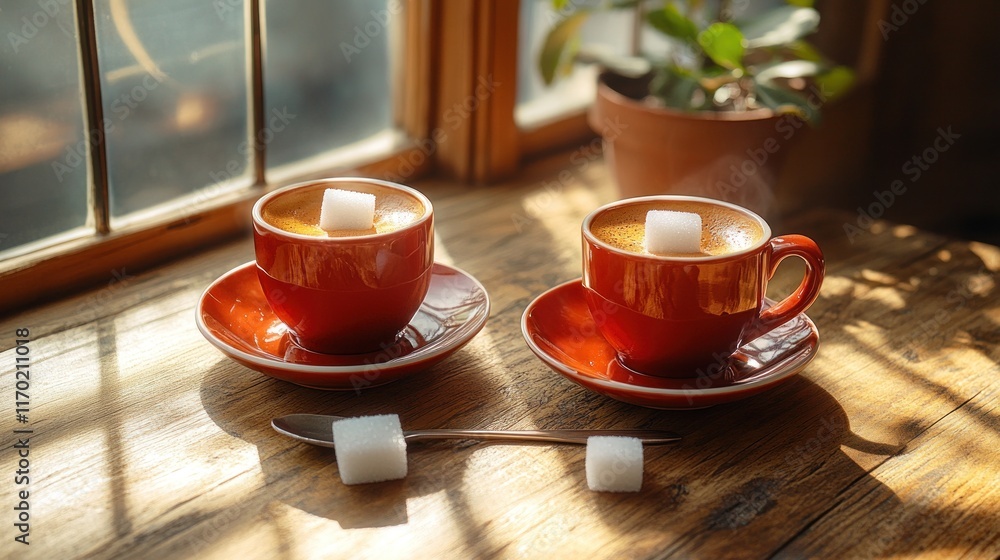 Wall mural Two red cups of coffee with sugar cubes on a wooden table by a window.