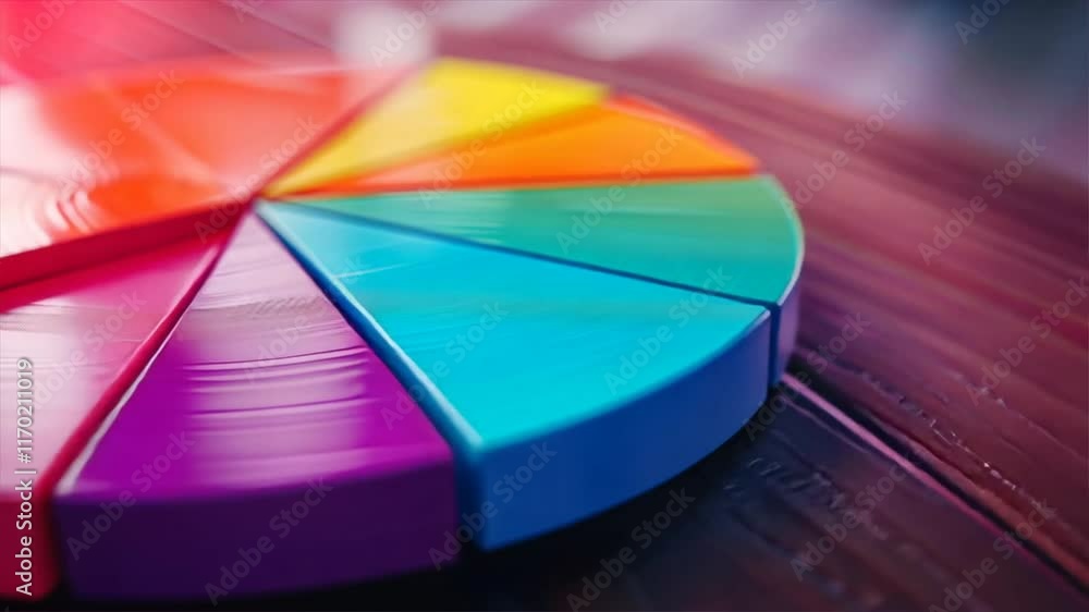 Aufkleber colorful pie chart with vibrant segments on wooden surface, showcasing modern design and variety of 