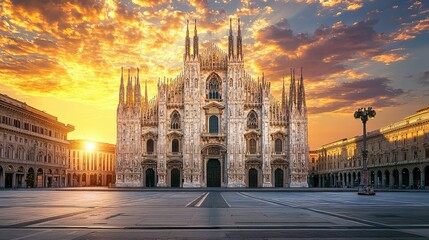 Naklejka premium Stunning Gothic Architecture of Duomo Cathedral at Sunset in Milan