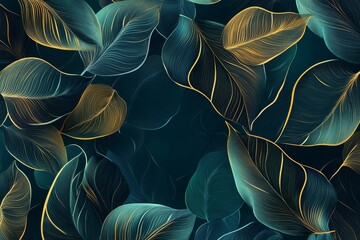 Teal and gold leaves artistic background. (3)