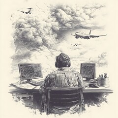Air Traffic Controller Monitoring Flights Amidst a Cloudy Sky, Illustrated in Pen and Ink Style.