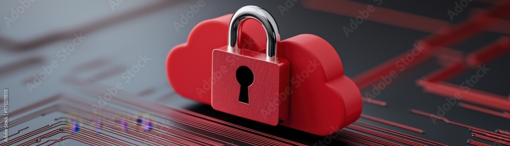 Poster a red cloud lock symbolizes cloud security and data protection in a digital environment.