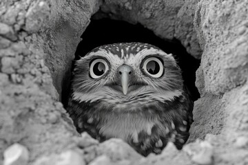 An owl peeks out from a hole in the concrete, expressing surprise or curiosity.