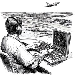Air Traffic Controller Monitoring Airplane Takeoff from Control Tower.