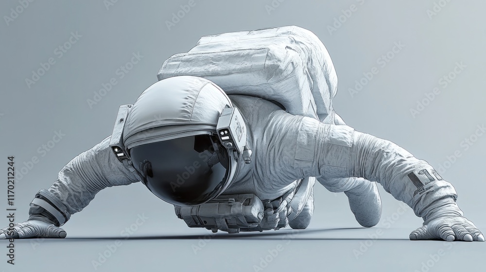 Poster A futuristic astronaut in a push-up position, showcasing space exploration and fitness.