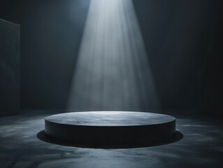 An empty industrial warehouse with a dramatic beam of light shining through the high windows, illuminating a circular platform.