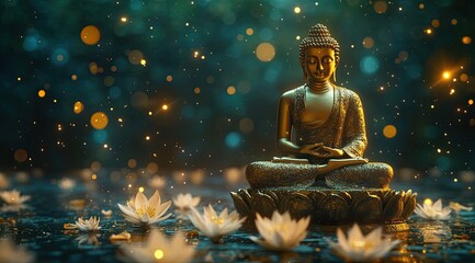 A golden Buddha statue meditating in lotus flowers, with an ethereal background of blue and green tones