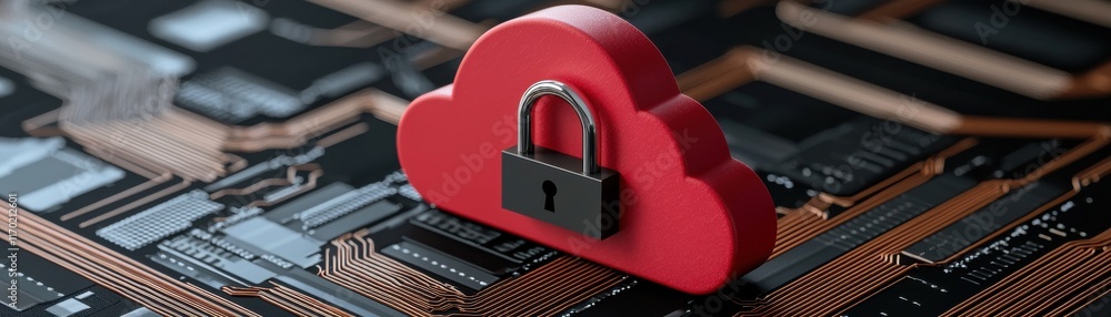 Poster a red cloud with a padlock sits on a circuit board, symbolizing cloud security and data protection i