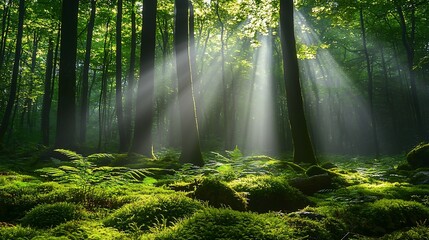 Fototapeta premium Sunbeams illuminate a mossy forest floor.