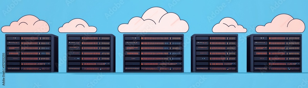 Poster a colorful illustration showing server racks beneath stylized clouds, symbolizing cloud computing an