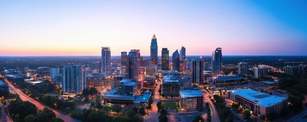 Fototapeta premium City Skyline Illuminated by Eco-Friendly Renewable Resource Lighting at Dusk