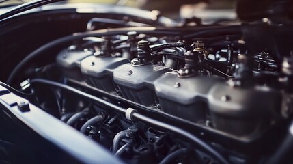 Close-up of a Classic Car Engine: Power and Precision