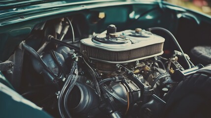 Fototapeta premium Vintage Car Engine Close-up: Classic Auto Mechanics