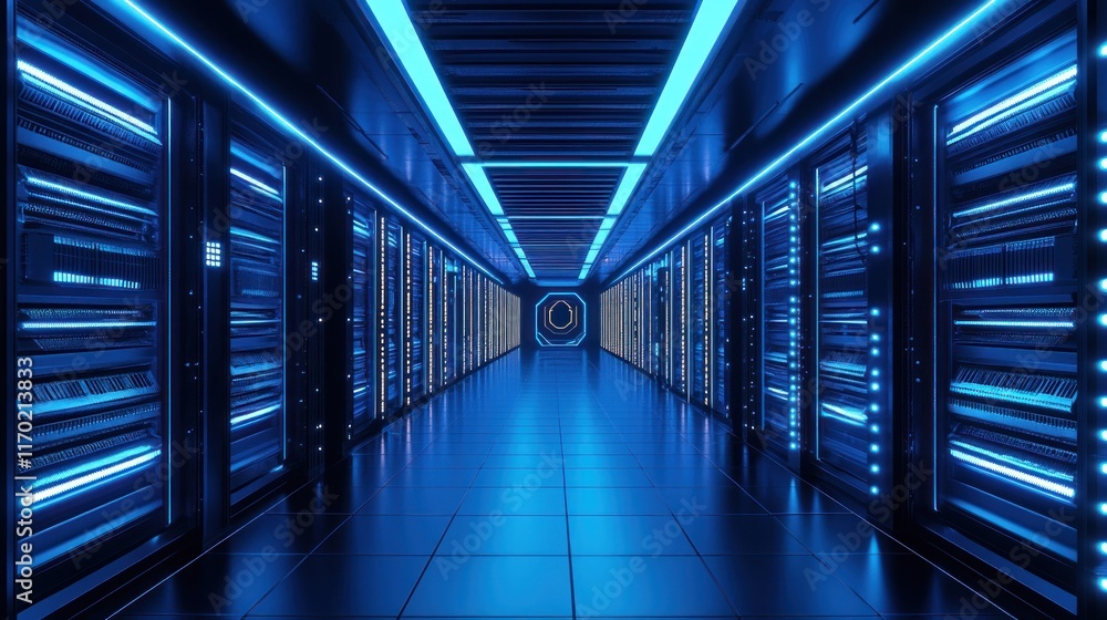 Poster a futuristic data center corridor illuminated with blue lights and server racks.