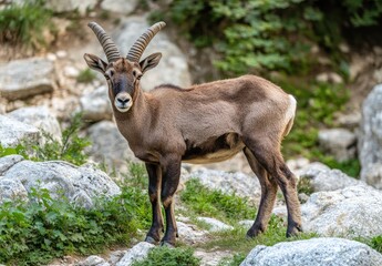 Fototapeta premium an ibex in the Alps, standing on a grassy mountainside with rocks and a path