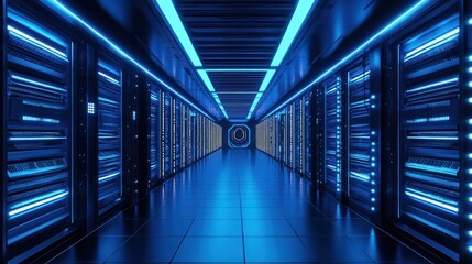 Fototapeta premium A futuristic data center corridor illuminated with blue lights and server racks.