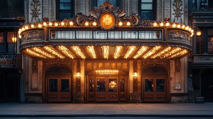 Glowing Theater Entrance with Vintage Design and Bright Lights