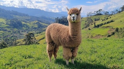 Fototapeta premium Cute Alpaca Standing in Lush Green Pasture with Scenic Mountains