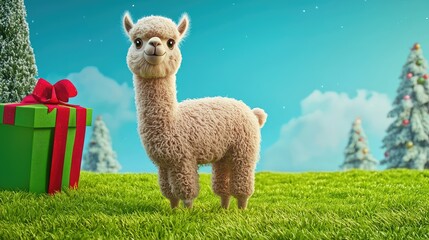 Fototapeta premium Cute Cartoon Alpaca with Gift Box Surrounded by Christmas Trees