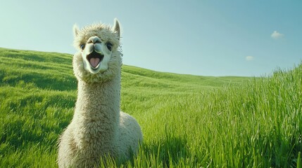 Fototapeta premium Happy Alpaca Smiling in Lush Green Grass Under Clear Blue Sky