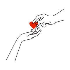 Continuous line drawing of hands giving hearts and receiving cute and sweet heart gifts. For Valentine's Day greeting cards, birthday, love greetings for couples. Hand holding heart in doodle style.