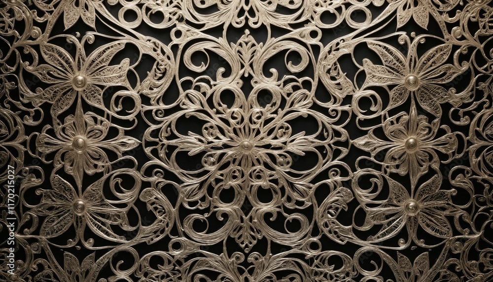 Wall mural Shiny metallic filigree paper texture with intricate glowing patterns