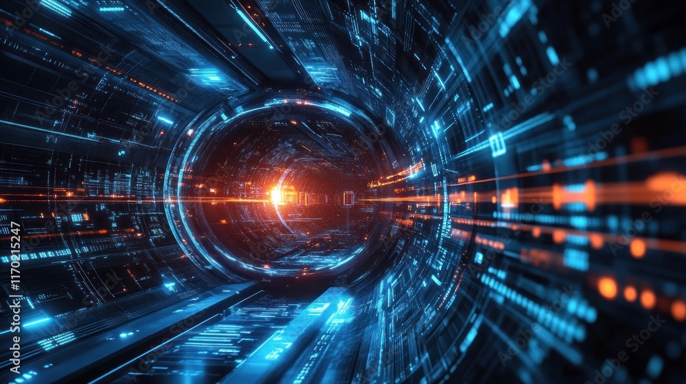 Aufkleber A futuristic digital tunnel with glowing lines and particles representing technology and motion.
