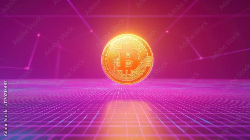 Poster a glowing bitcoin coin floating in a futuristic digital grid, symbolizing