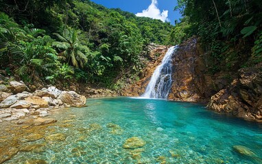 Lush tropical waterfall cascading into a crystal-clear pool.