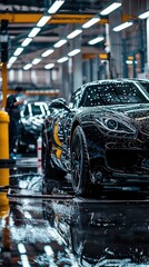 Obraz premium Sleek Black Sports Car in Modern Automotive Manufacturing Facility
