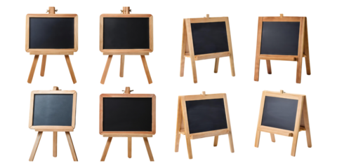 Set of Empty Wooden Easels with Blank Chalkboards on Transparent Background