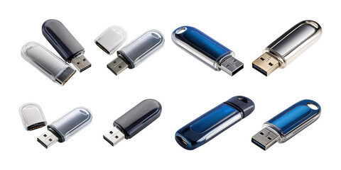 Collection of Transparent USB Flash Drives on White Background