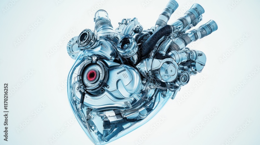 Poster a futuristic heart composed of mechanical components, symbolizing the fusion of technology and life.