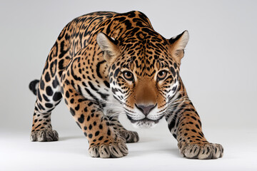 Obraz premium Jaguar in a stealthy stance on a white background, emphasizing its wild elegance