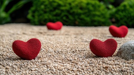 Japanese Valentine Concept, Red Heart Shapes in Japanese Zen Garden with Gravel and Greenery for Romantic Atmosphere